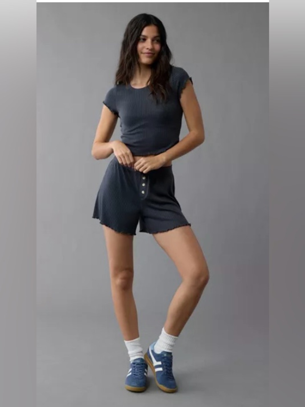 American Eagle Outfitters Gray Blue Ribbed Crop Tee - Lounge